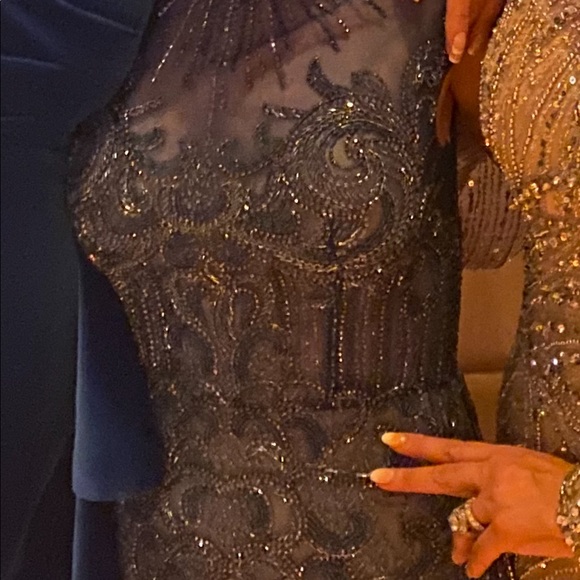 High neck short sleeve blue beaded feather gown Terani style number 1721GL4446 - Picture 12 of 13